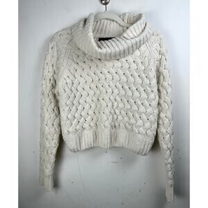 Kendall + Kylie Ivory White Chunky Loose Knit Cowl Neck Cropped Sweater Small